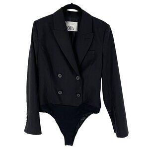NWT Zara Black Gabardine Double Breasted Long Sleeve Collared Tuxedo Bodysuit M